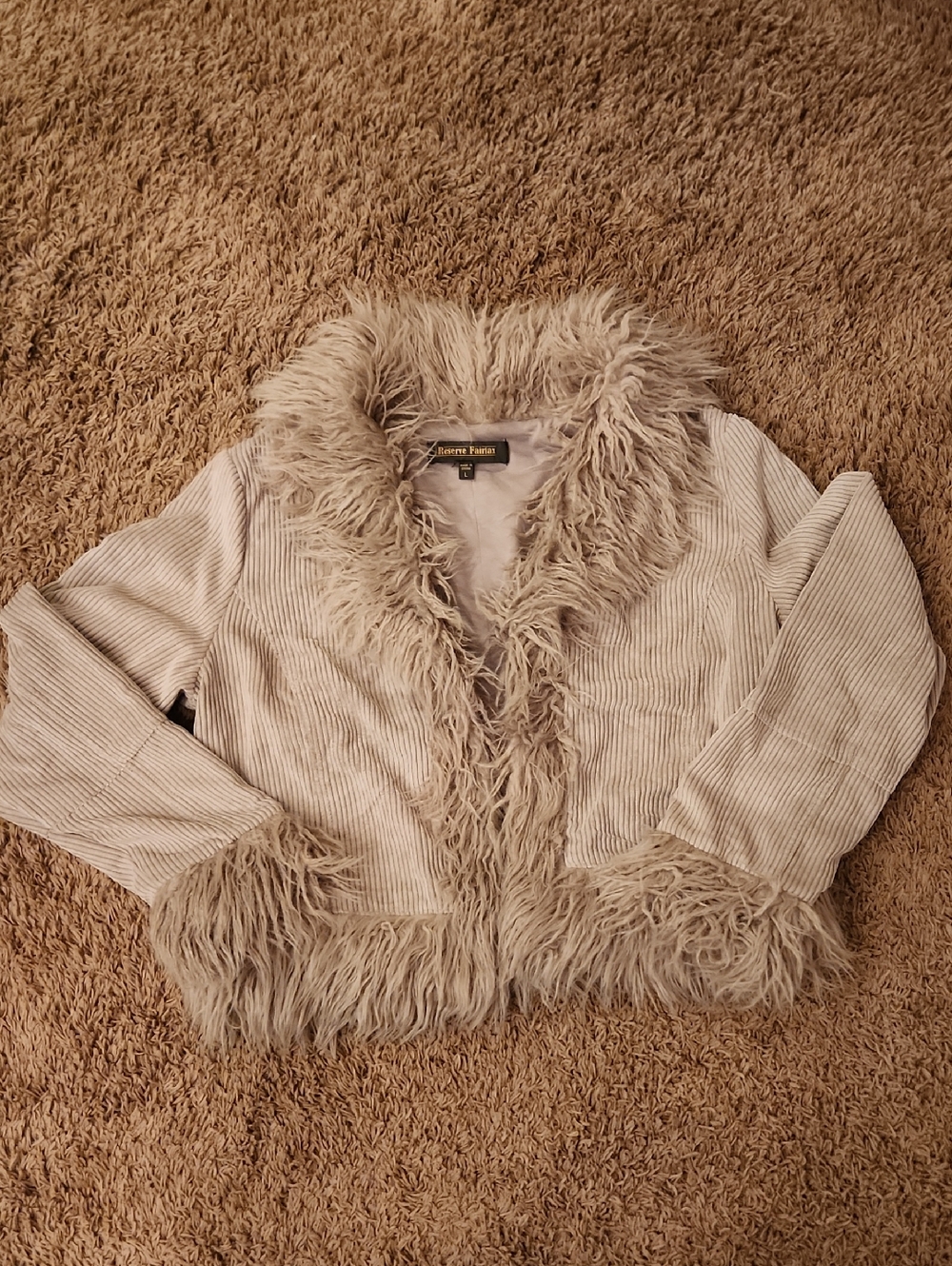 Reserve Fairfax Penny Lane Jacket Large Taupe Corduroy Faux Fur Trim Y2K